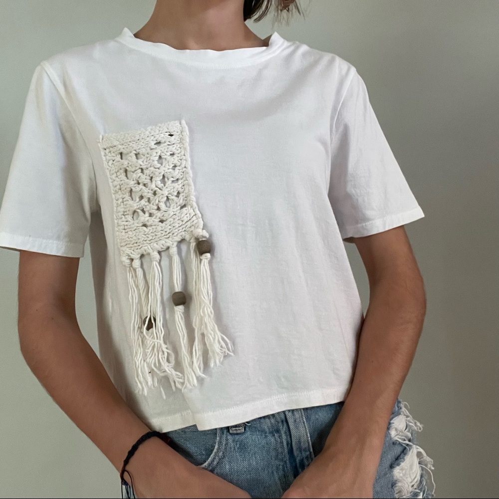Zara White Tee w/ Macrame Pocket
